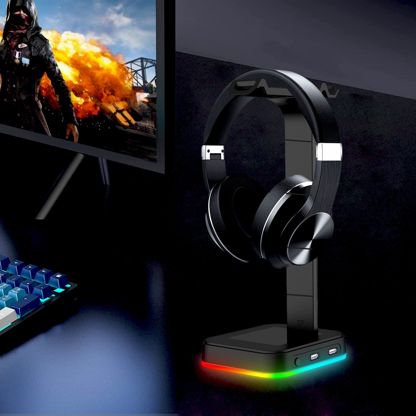 Desktop Gamer 2 In 1 RGB Headphone Stand Power Strip Desk Gaming Headset Holder With 2 USB Charging Earphone Hanger