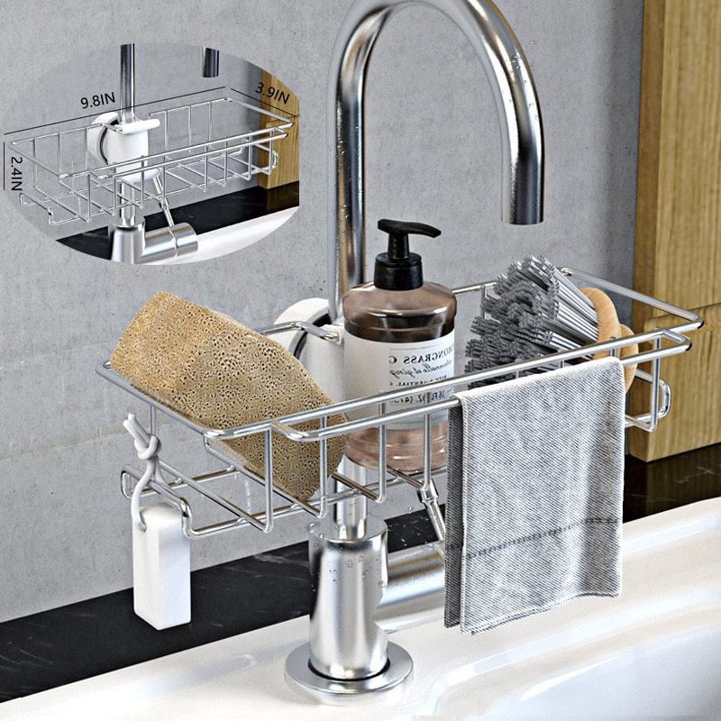 Stainless Steel Sink Storage Rack Kitchen Bathroom Adjustable Faucet Soap Dish Drainer Shelf Kitchen Organizer